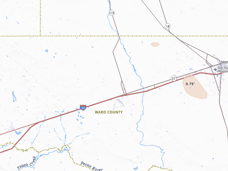 Radar-estimated hail-size map of the storm over Pyote, TX on Jul 16, 2026