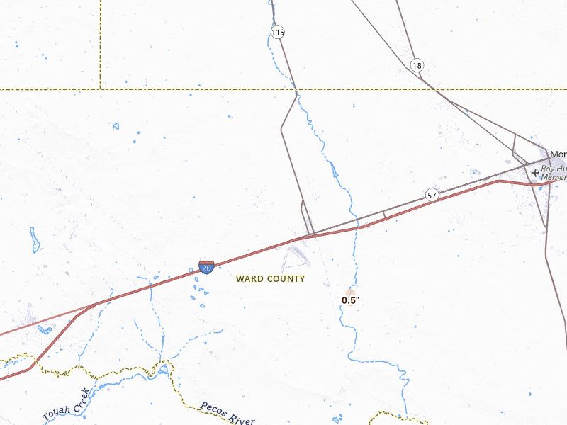 Radar-estimated hail-size map of the storm over Pyote, TX on Jul 19, 2026