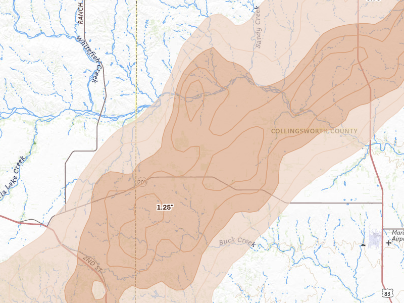 Radar-estimated hail-size map of the storm over Quail, TX on Mar 5, 2026