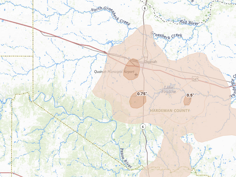 Radar-estimated hail-size map of the storm over Quanah, TX on Mar 31, 2026
