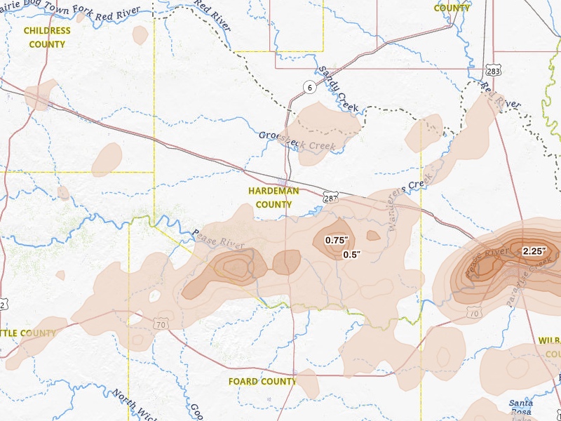 Radar-estimated hail-size map of the storm over Quanah, TX on Apr 1, 2026