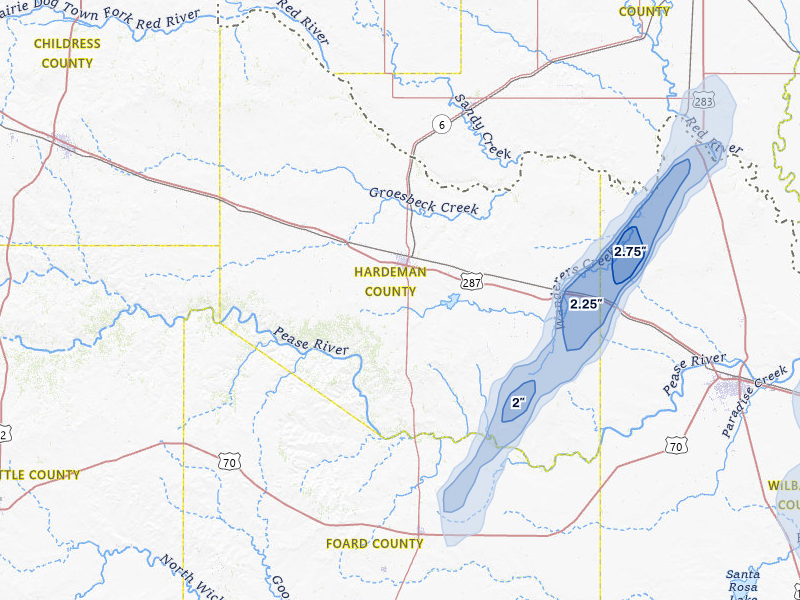 NEXRAD radar-signature map of the hail storm over Quanah, TX on May 8, 2026
