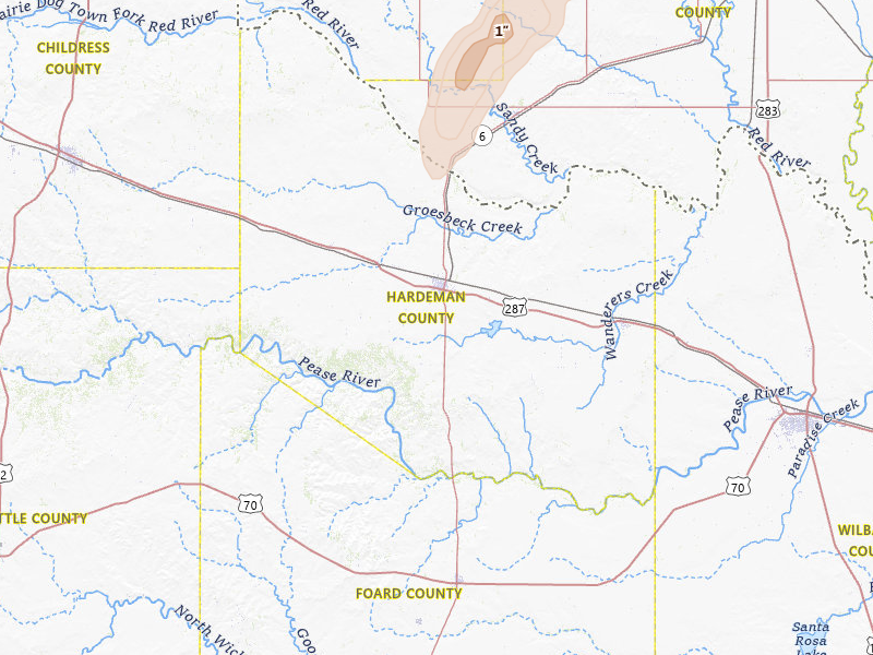 Radar-estimated hail-size map of the storm over Quanah, TX on May 18, 2026