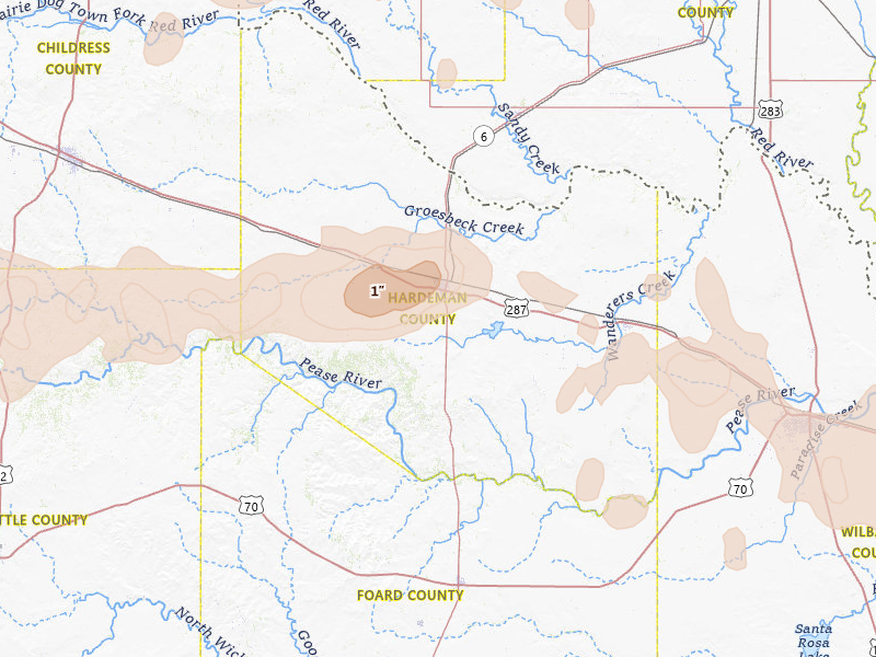 Radar-estimated hail-size map of the storm over Quanah, TX on Jun 18, 2026