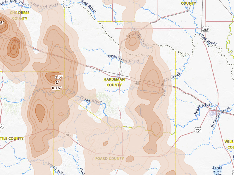 Radar-estimated hail-size map of the storm over Quanah, TX on Jun 23, 2026