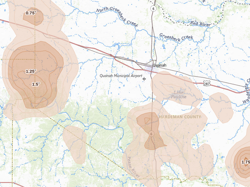 Radar-estimated hail-size map of the storm over Quanah, TX on Jul 5, 2026