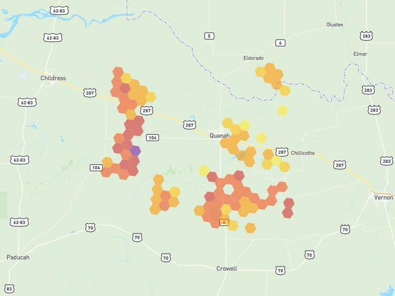 Hail map of Quanah, TX on Jul 5, 2026, hail up to 2.75"