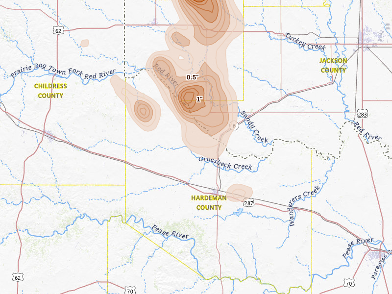 Radar-estimated hail-size map of the storm over Quanah, TX on Aug 25, 2026
