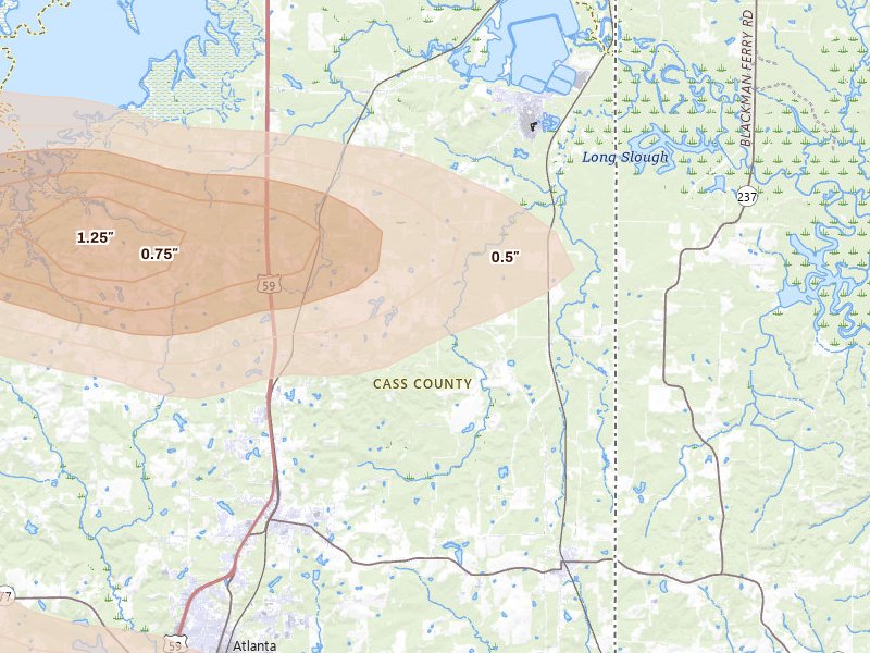 Radar-estimated hail-size map of the storm over Queen City, TX on Apr 29, 2026