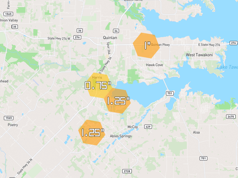 Hail map of Quinlan, TX on Jun 7, 2026, hail up to 1.25"