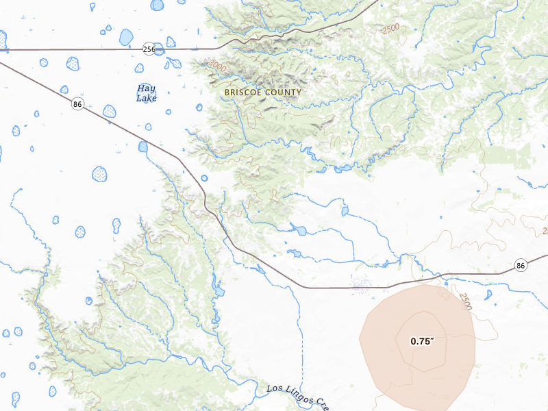 Radar-estimated hail-size map of the storm over Quitaque, TX on Jul 31, 2026