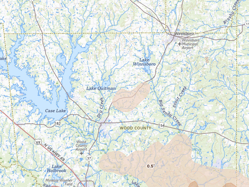 Radar-estimated hail-size map of the storm over Quitman, TX on Mar 15, 2026
