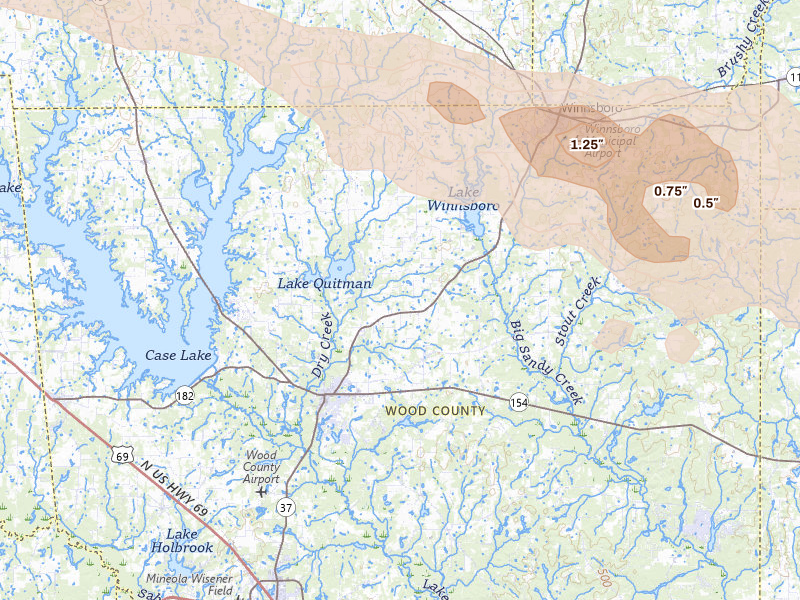 Radar-estimated hail-size map of the storm over Quitman, TX on Apr 29, 2026