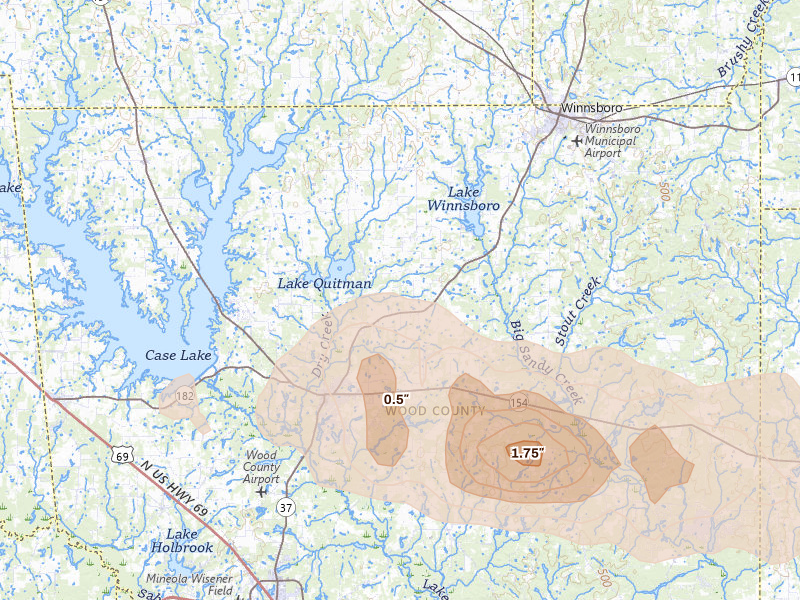 Radar-estimated hail-size map of the storm over Quitman, TX on May 10, 2026