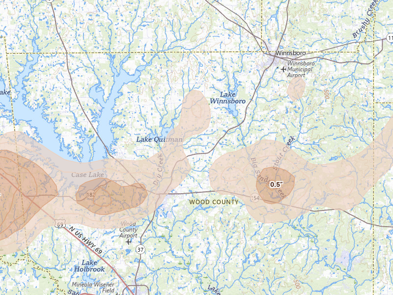 Radar-estimated hail-size map of the storm over Quitman, TX on Jun 2, 2026