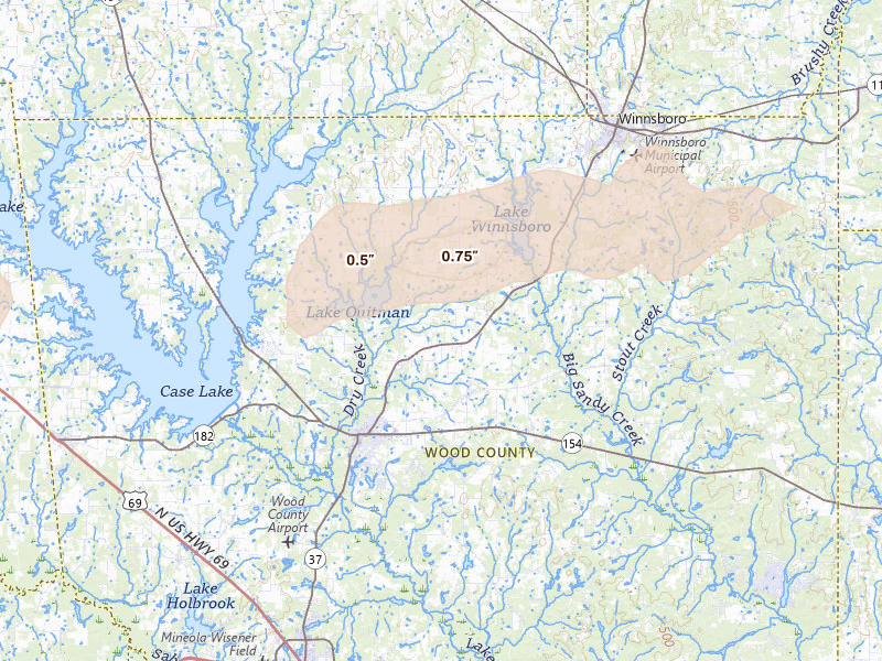 Radar-estimated hail-size map of the storm over Quitman, TX on Jun 6, 2026