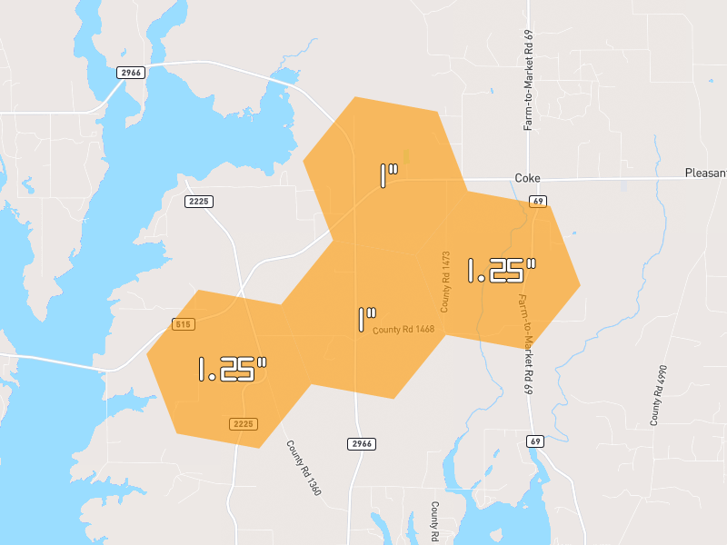 Hail map of Quitman, TX on Jun 7, 2026, hail up to 1.25"