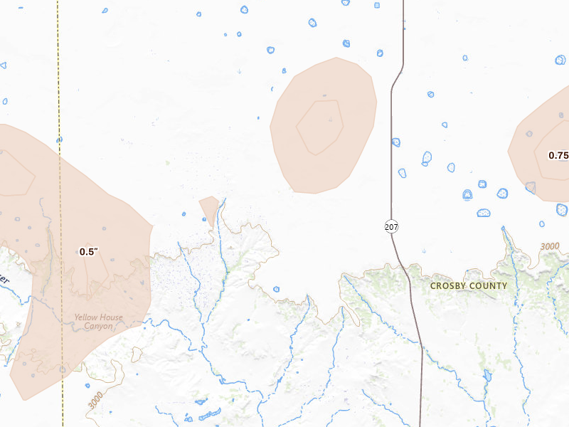 Radar-estimated hail-size map of the storm over Ralls, TX on May 31, 2026