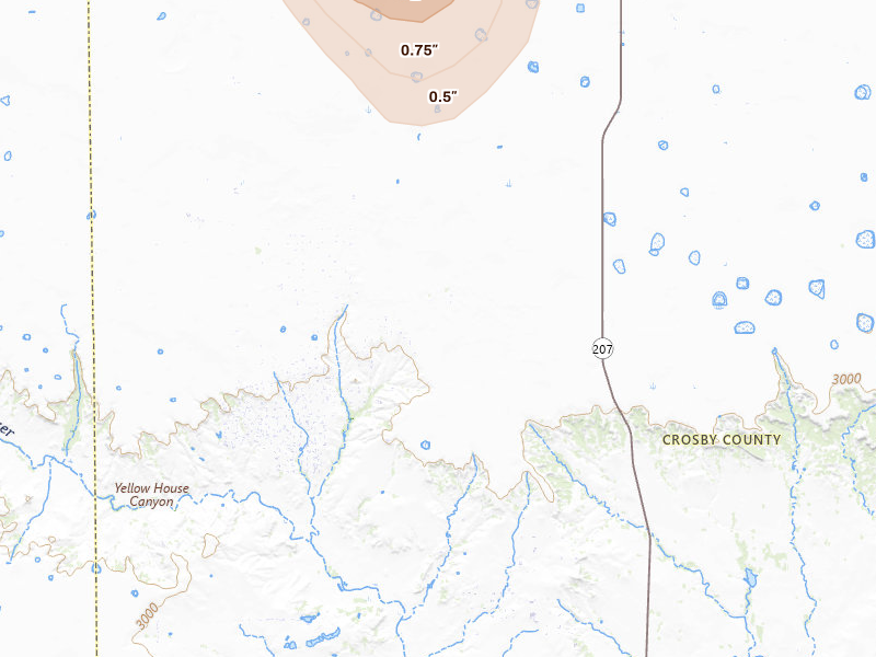 Radar-estimated hail-size map of the storm over Ralls, TX on Jun 23, 2026