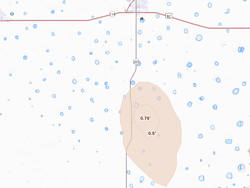 Radar-estimated hail-size map of the storm over Ralls, TX on Aug 13, 2026