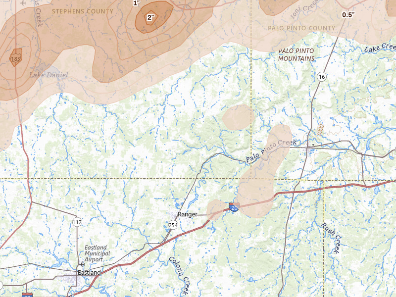 Radar-estimated hail-size map of the storm over Ranger, TX on Mar 10, 2026