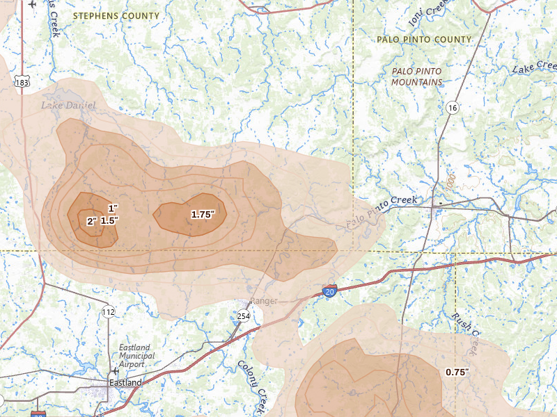 Radar-estimated hail-size map of the storm over Ranger, TX on May 10, 2026