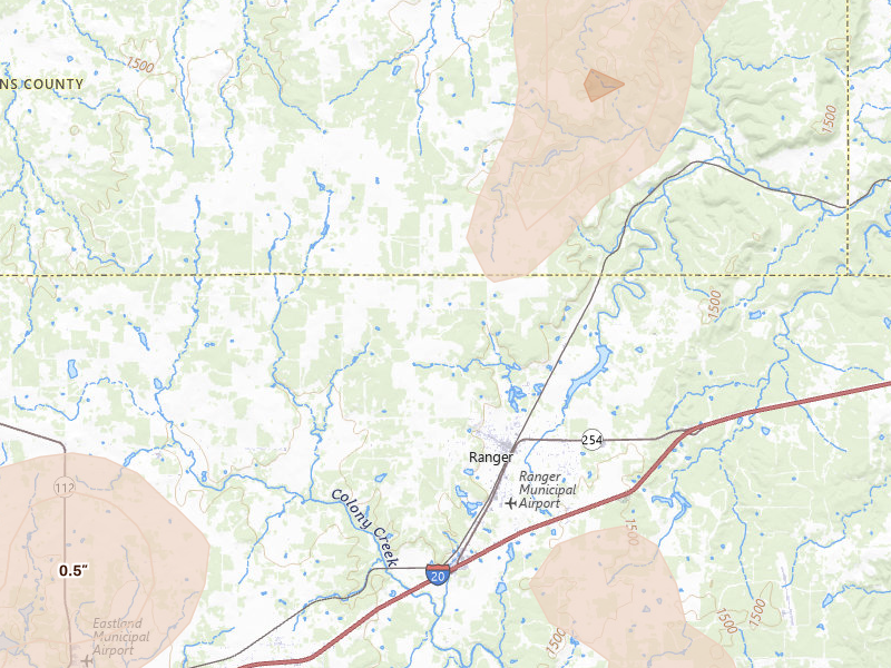 Radar-estimated hail-size map of the storm over Ranger, TX on May 24, 2026