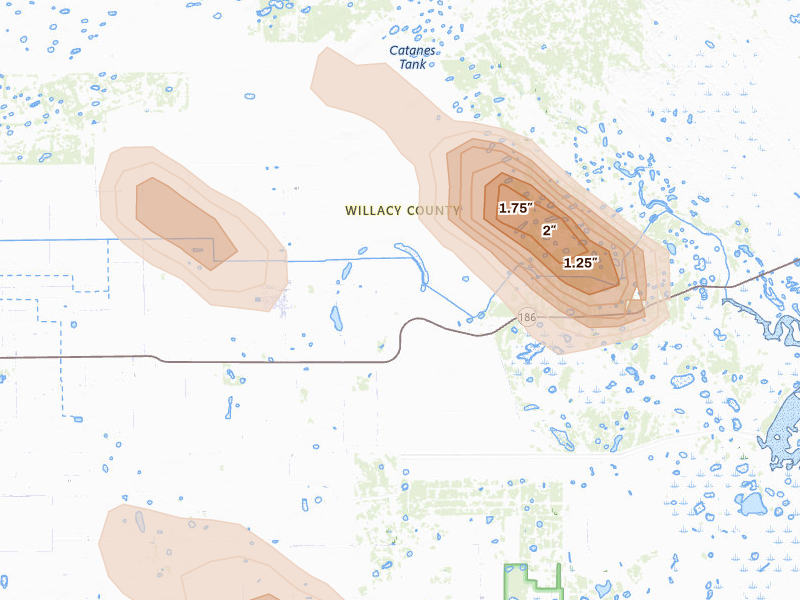 Radar-estimated hail-size map of the storm over Raymondville, TX on Jan 3, 2026