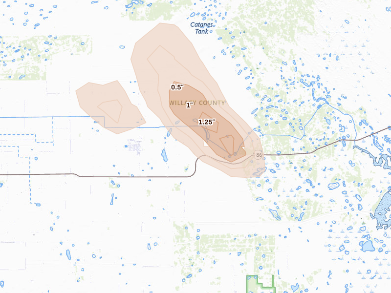 Radar-estimated hail-size map of the storm over Raymondville, TX on May 14, 2026