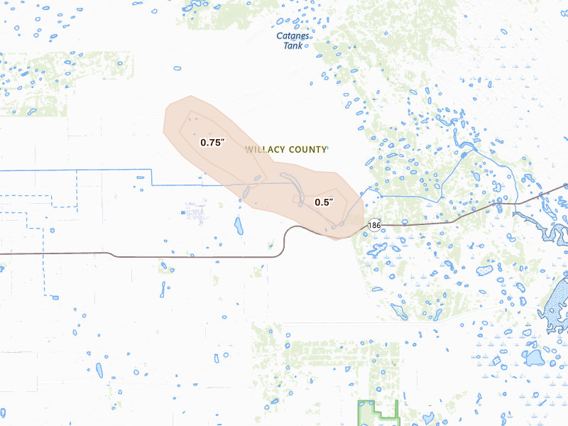 Radar-estimated hail-size map of the storm over Raymondville, TX on Jun 24, 2026