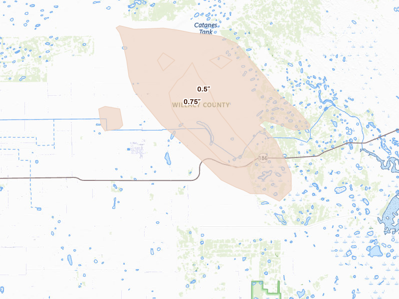 Radar-estimated hail-size map of the storm over Raymondville, TX on Jul 22, 2026