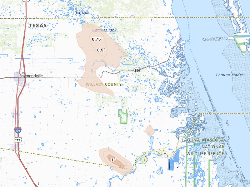 Radar-estimated hail-size map of the storm over Raymondville, TX on Aug 1, 2026