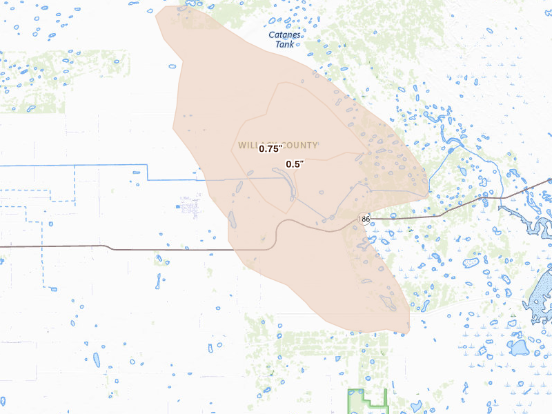 Radar-estimated hail-size map of the storm over Raymondville, TX on Aug 22, 2026