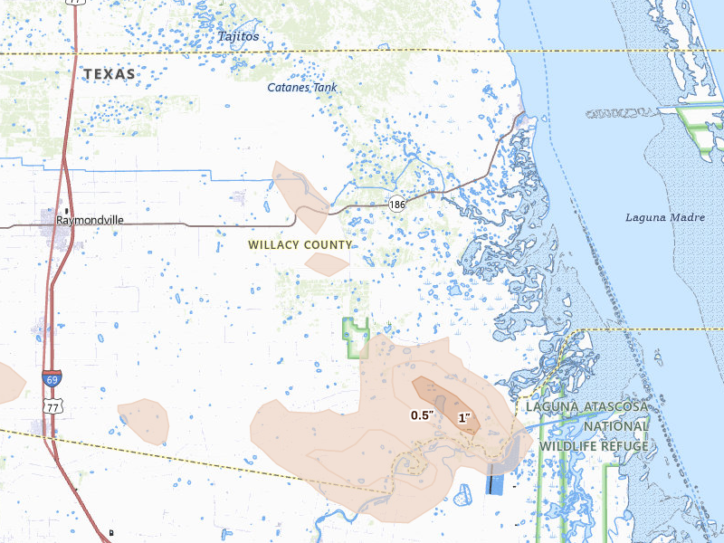 Radar-estimated hail-size map of the storm over Raymondville, TX on Aug 23, 2026