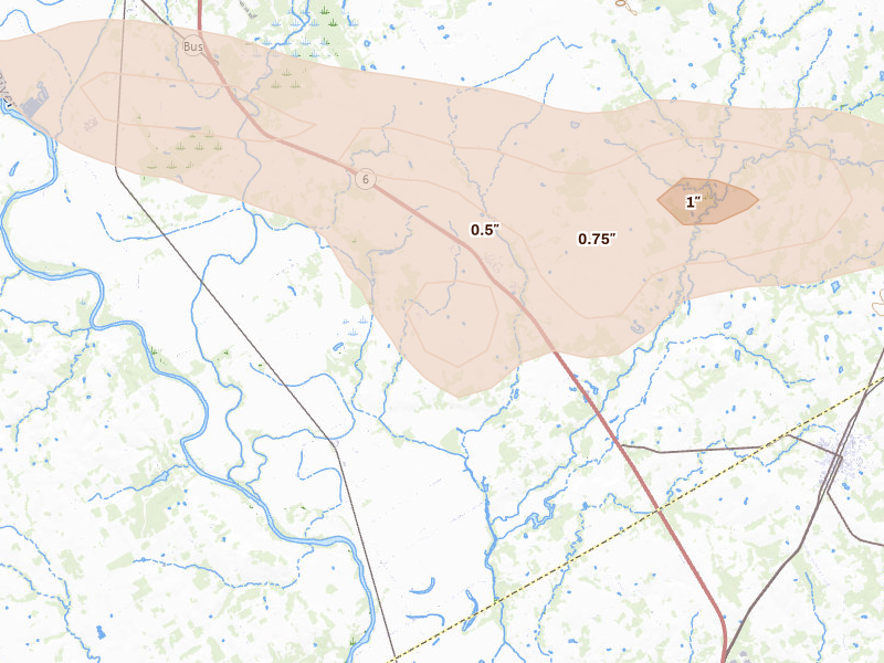 Radar-estimated hail-size map of the storm over Reagan, TX on Apr 29, 2026