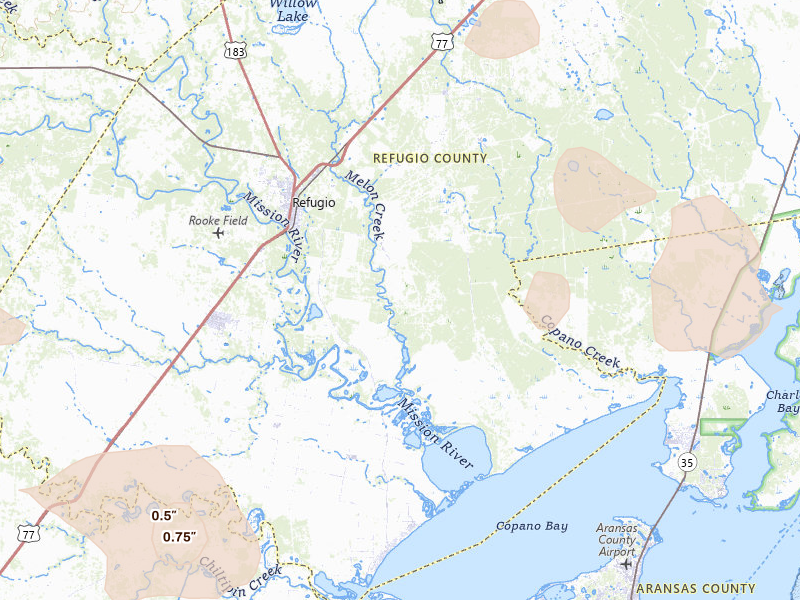 Radar-estimated hail-size map of the storm over Refugio, TX on May 26, 2026