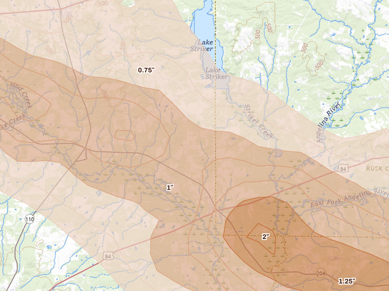 Radar-estimated hail-size map of the storm over Reklaw, TX on Mar 15, 2026