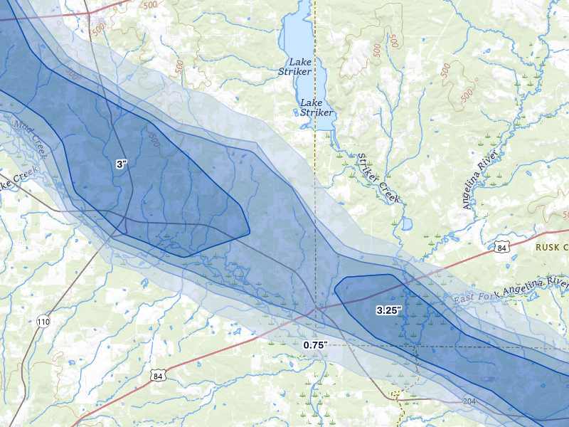 NEXRAD radar-signature map of the hail over Reklaw, TX