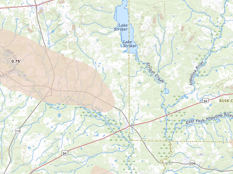 Radar-estimated hail-size map of the storm over Reklaw, TX on Apr 29, 2026