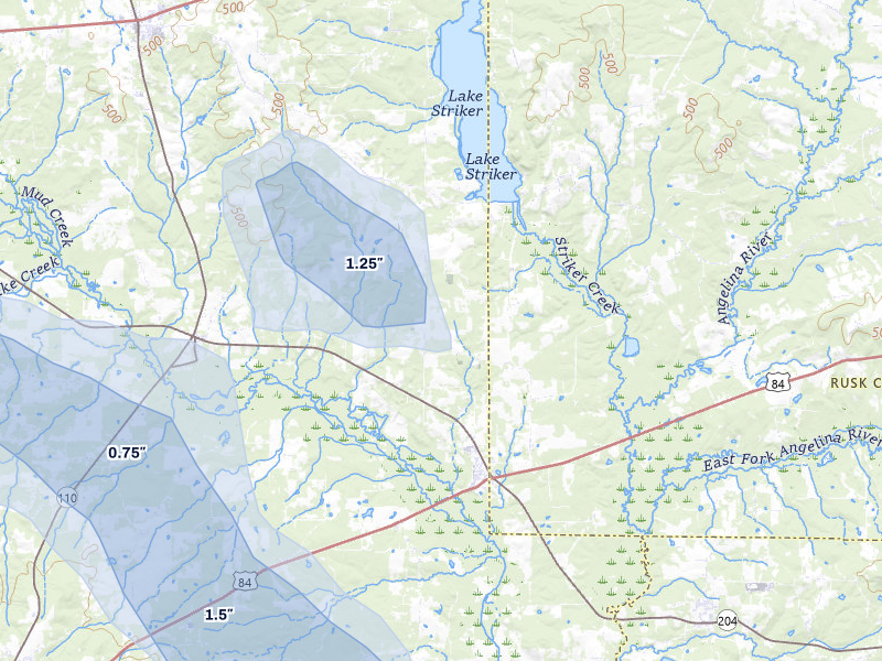 NEXRAD radar-signature map of the hail storm over Reklaw, TX on Apr 29, 2026