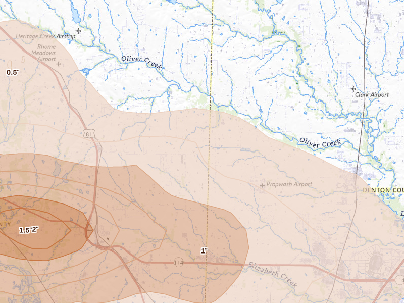 Radar-estimated hail-size map of the storm over Rhome, TX on Apr 28, 2026