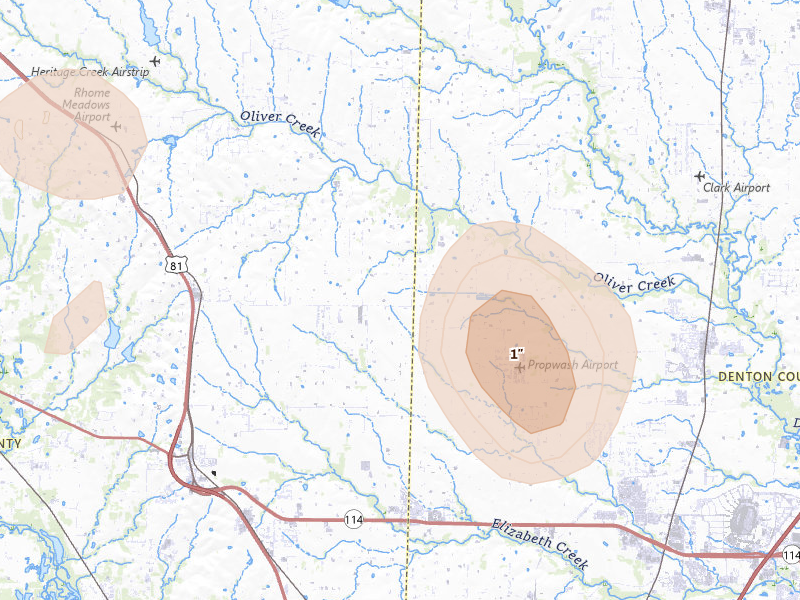 Radar-estimated hail-size map of the storm over Rhome, TX on May 24, 2026