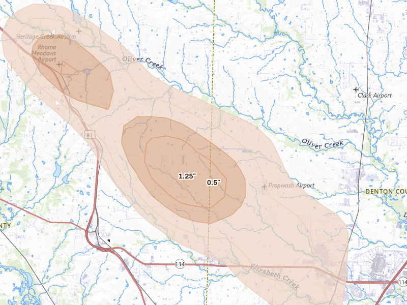 Radar-estimated hail-size map of the storm over Rhome, TX on Aug 26, 2026