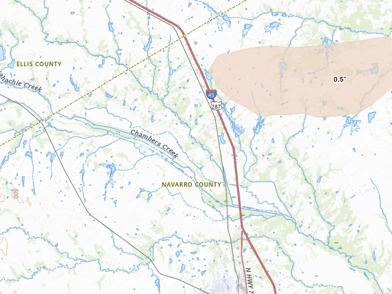 Radar-estimated hail-size map of the storm over Rice, TX on Apr 18, 2026