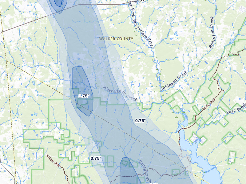 NEXRAD radar-signature map of the hail storm over Richards, TX on May 10, 2026