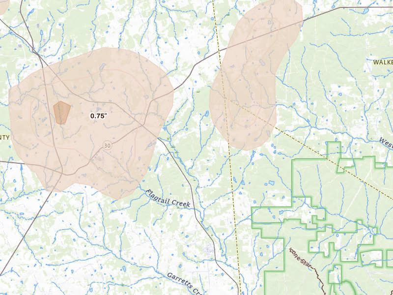 Radar-estimated hail-size map of the storm over Richards, TX on Aug 28, 2026