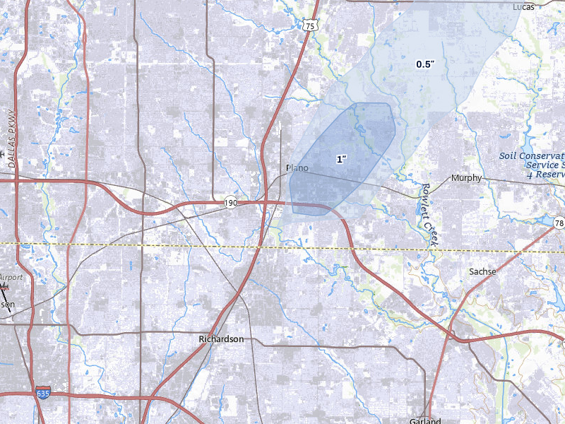 NEXRAD radar-signature map of the hail storm over Richardson, TX on Mar 7, 2026