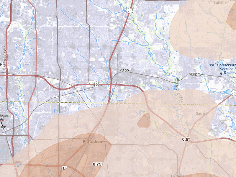 Radar-estimated hail-size map of the storm over Richardson, TX on Apr 27, 2026
