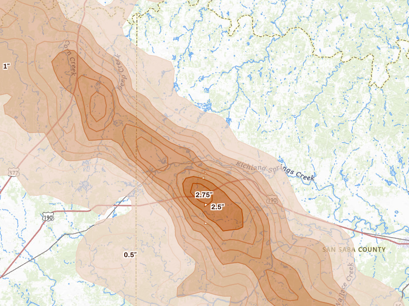 Radar-estimated hail-size map of the storm over Richland Springs, TX on May 10, 2026
