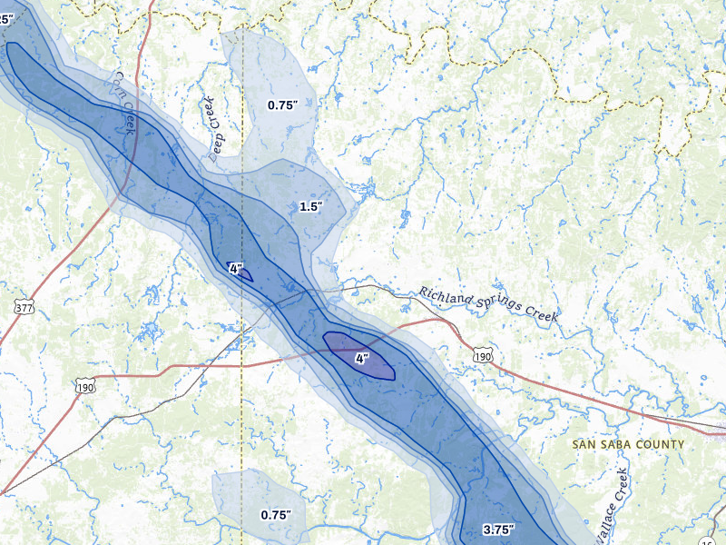 NEXRAD radar-signature map of the hail storm over Richland Springs, TX on May 10, 2026